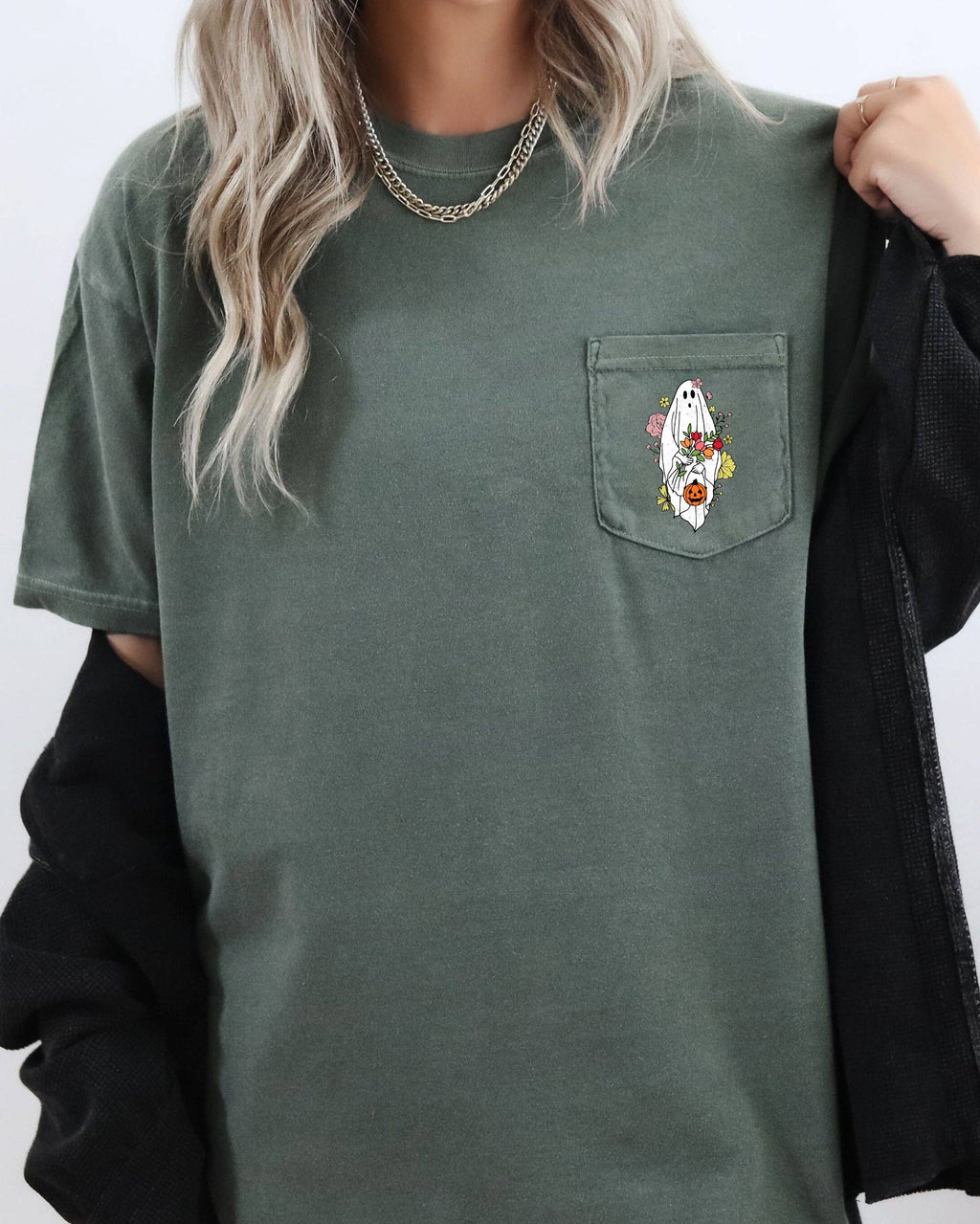 Cute Floral Ghost, Halloween Pocket Tee