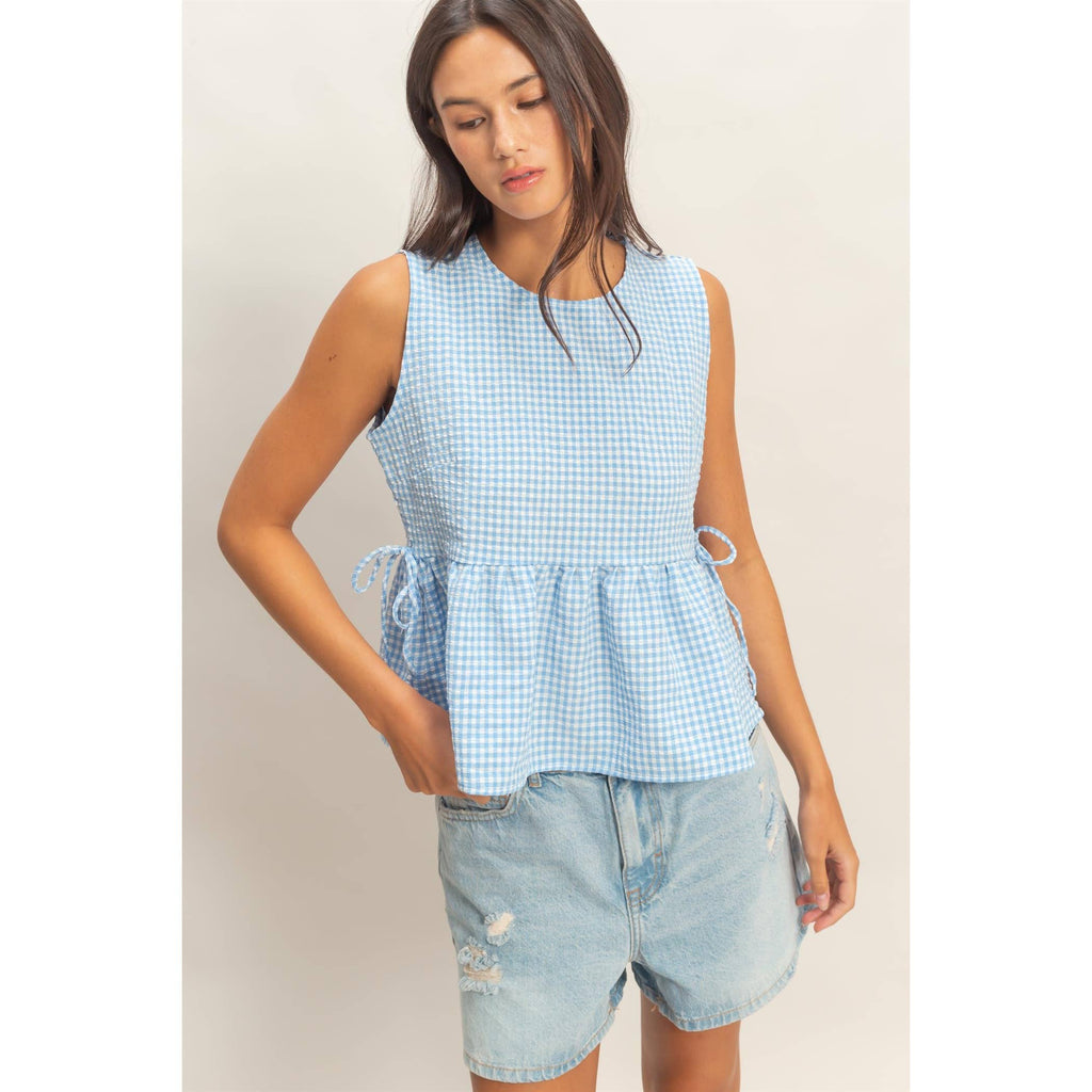 Gingham Sleeveless Peplum Top with Side Ties