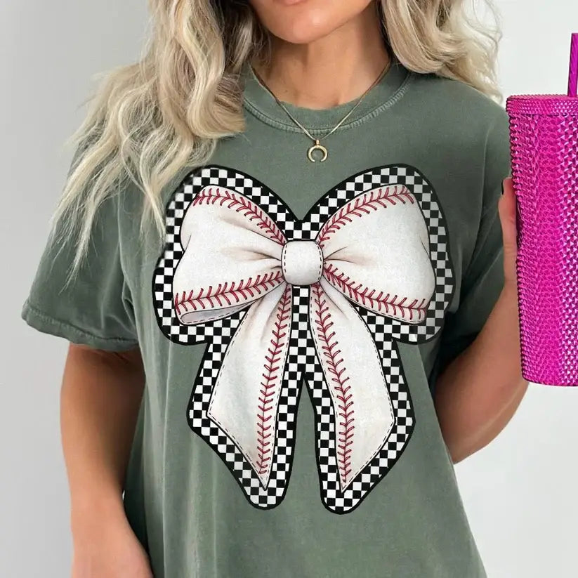 Baseball Bow with Checkered Outline Comfort Colors T-Shirt