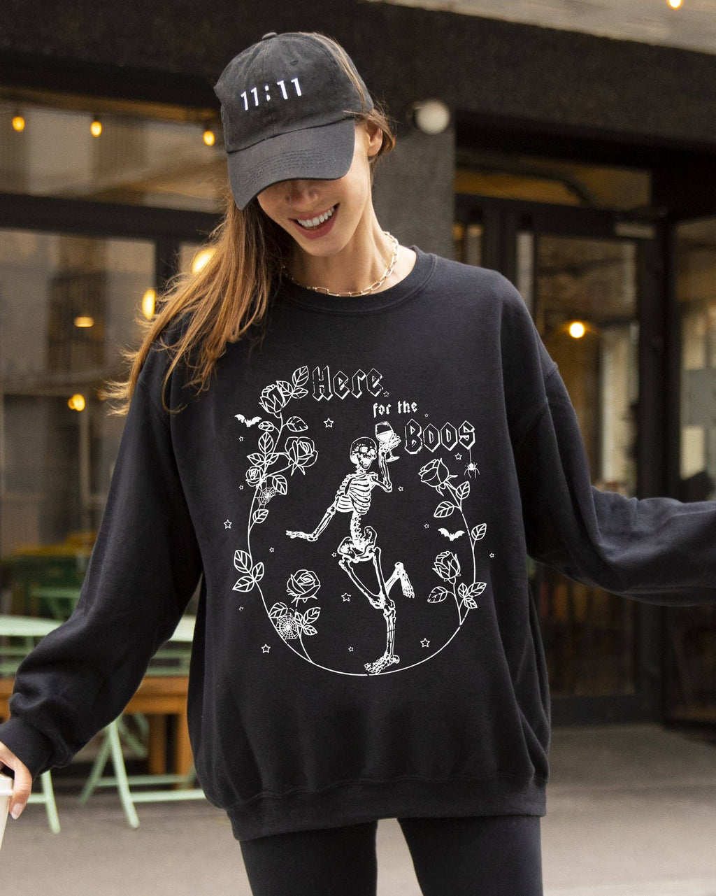 Here For the Boos, Skeleton,  Spooky, Halloween Sweatshirt