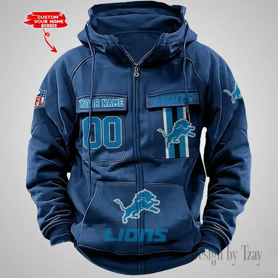 Personalized Detroit Lions Vintage Cargo Zip Hoodies