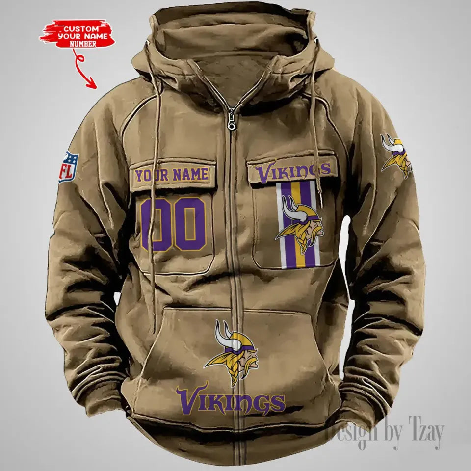Personalized Minnesota Vikings Vintage Cargo Zip Hoodies