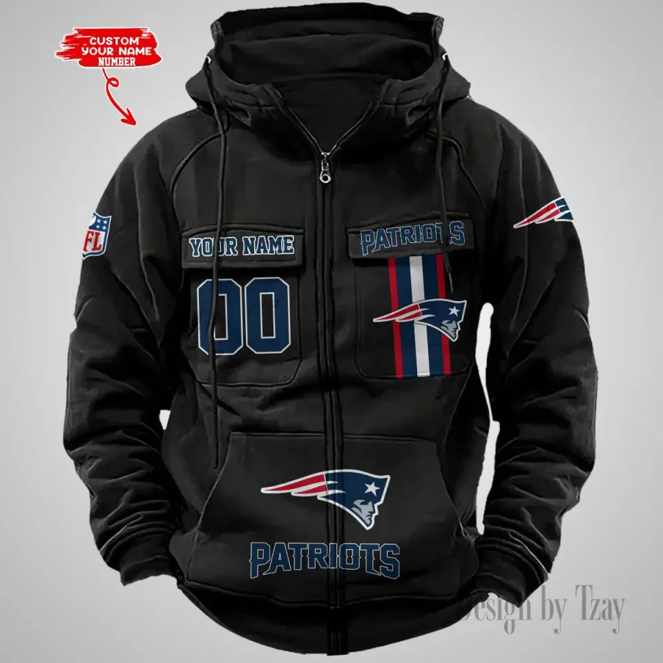 New England Personalized Football Vintage Cargo Zip Hoodie