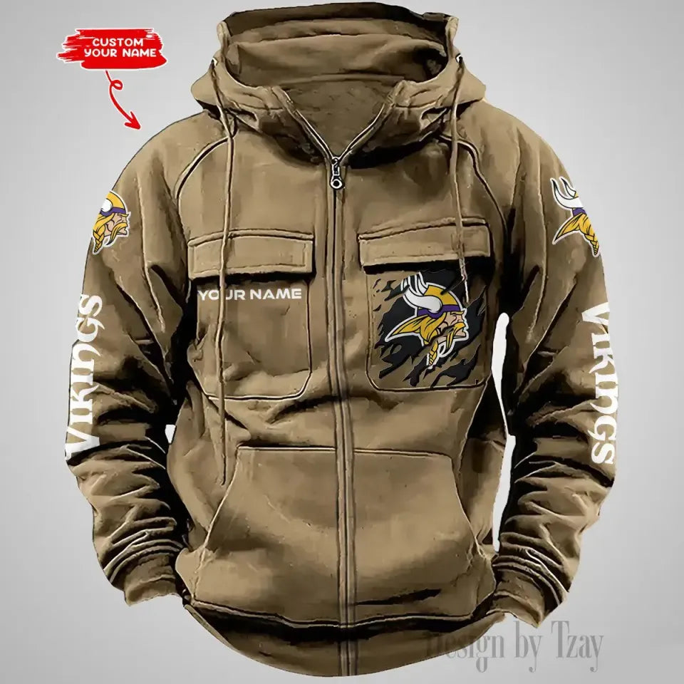 Personalized Name Minnesota Vikings Vintage Cargo Zip Hoodies