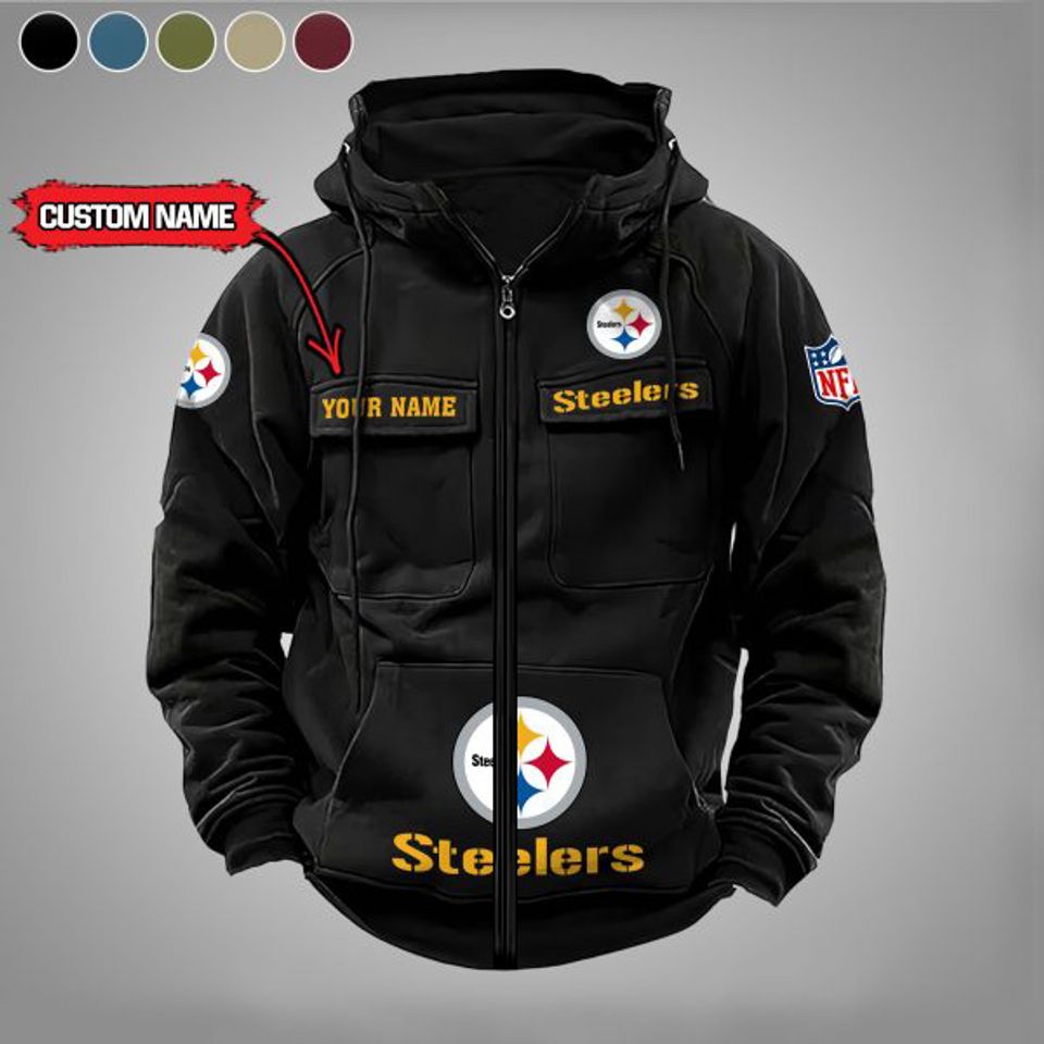 Custom Name Pittsburgh Steeler Vintage Men’s Cargo Zip Hoodies