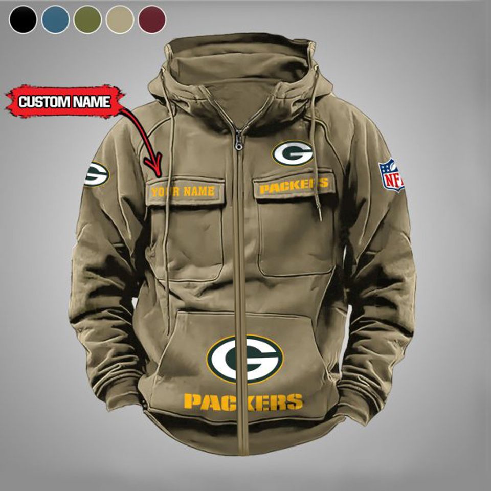 Personalized Name Green Bay Vintage Cargo Zip Hoodies
