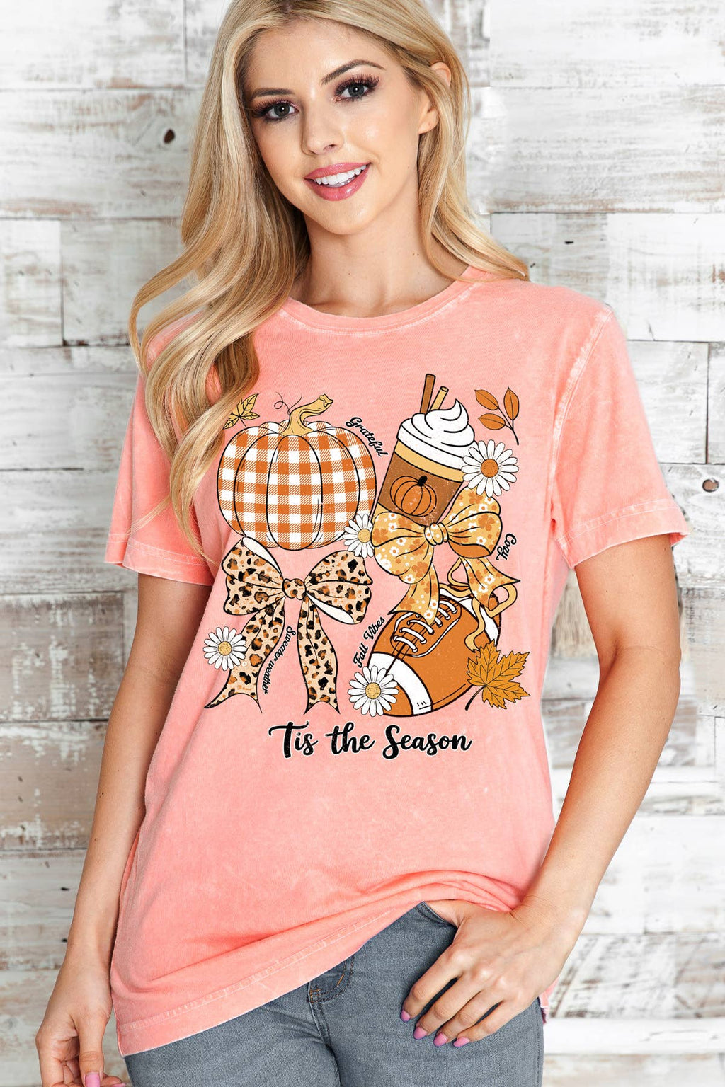 Women Fall Theme Graphic Print Mineral Wash Top