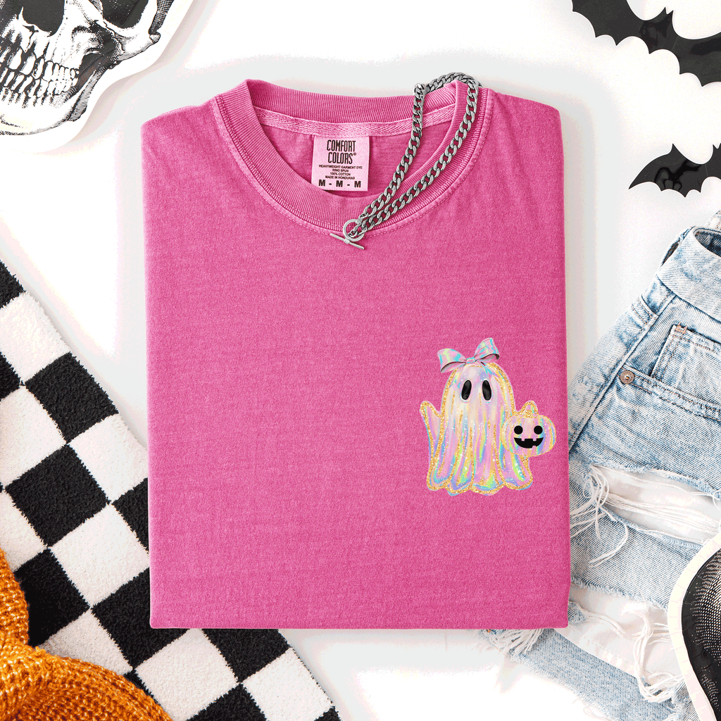 Cute Ghost, Coquette, Ribbon, Faux Glitter Halloween T-Shirt