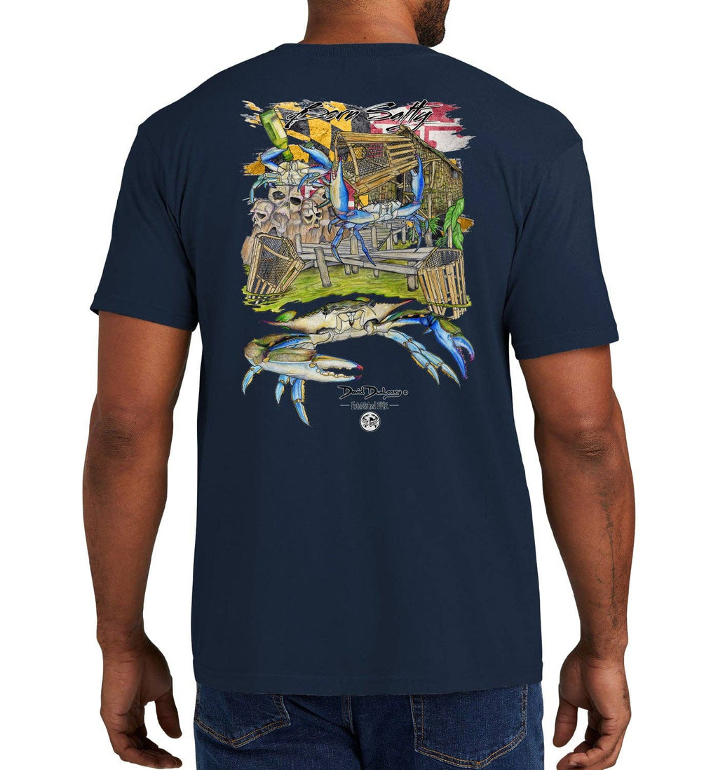 Men's Born Salty Maryland Blue Crab Short Sleeve Garment Dyed True Navy Pocket T-Shirt