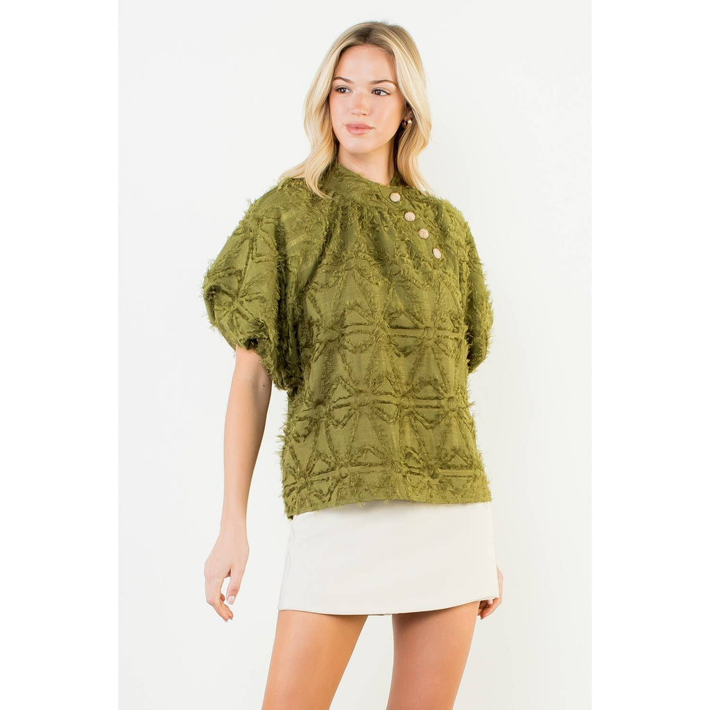 Frayed Jacquard Puff Sleeve Top