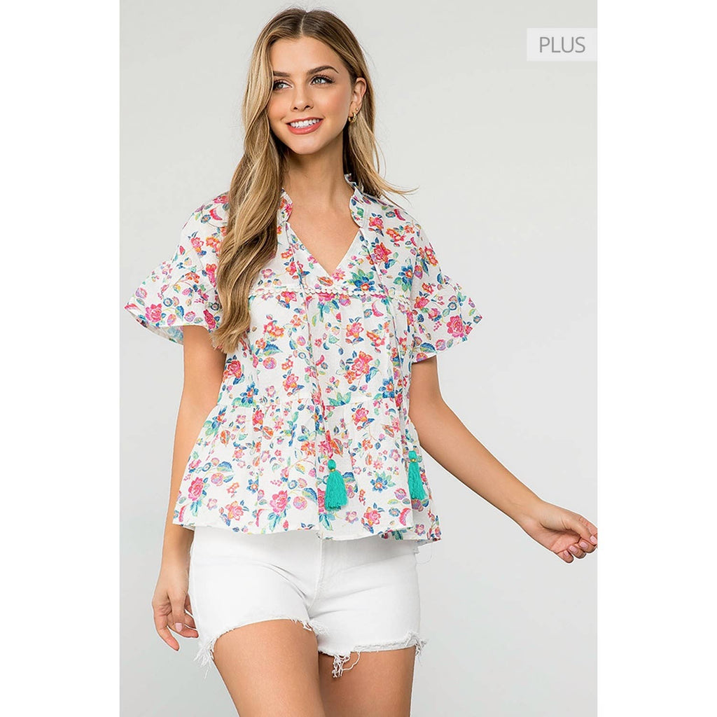 /Size Xl/ Flower Print Tiered Tassel Tie Top