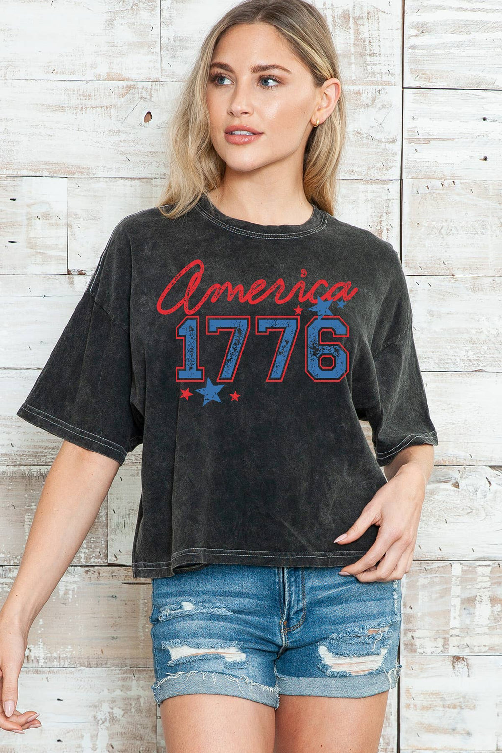 Women Graphic Print Short Sleeve Mineral Wash Top