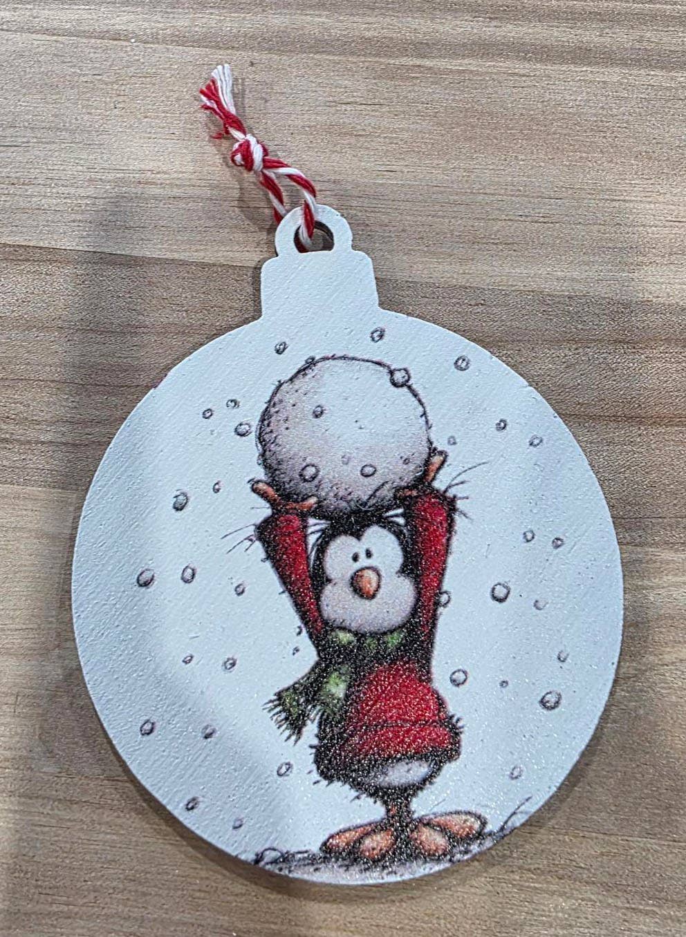 Whimsical Snowball Penguin Ornament – Printed Wooden Holiday