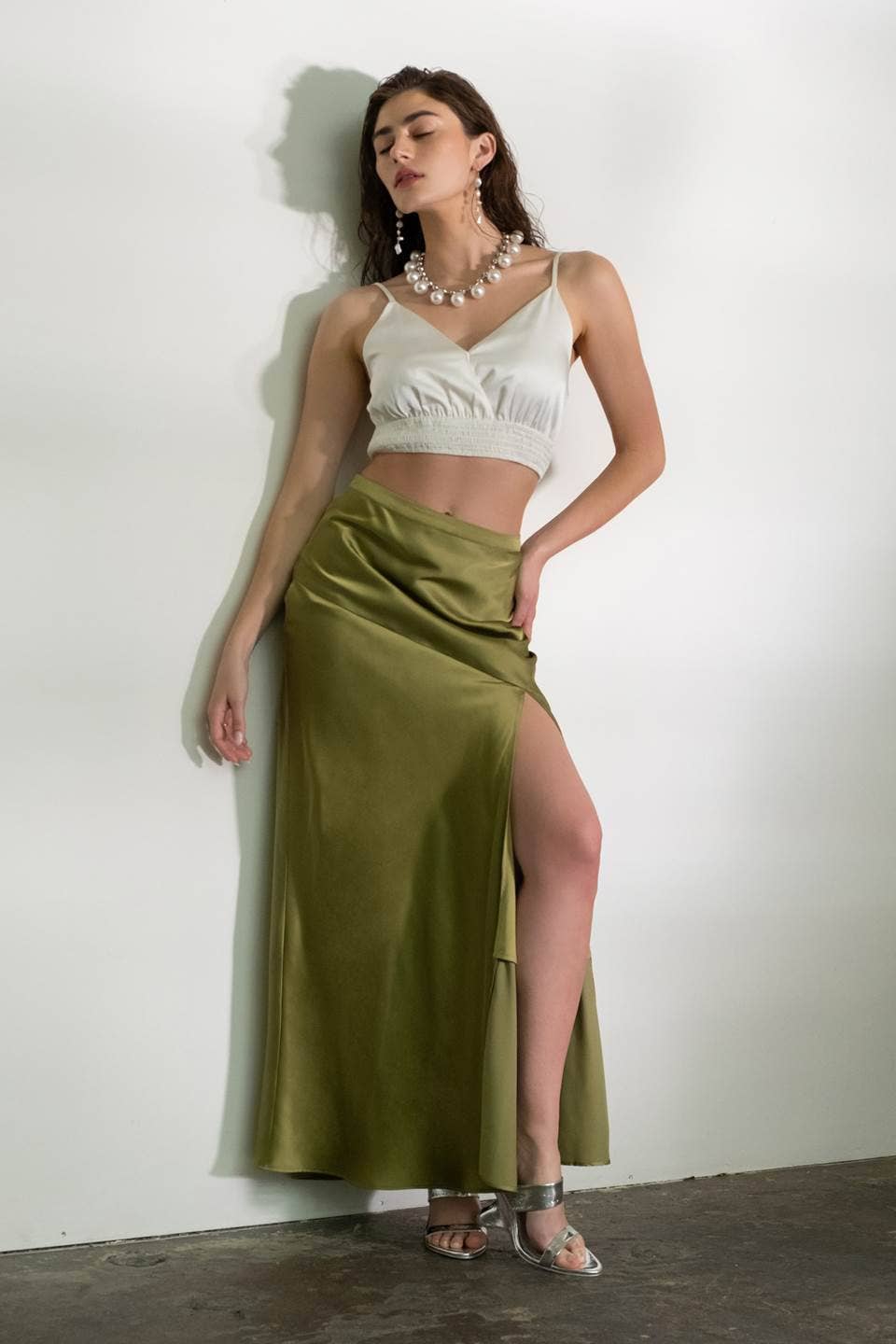 Satin Asymmetrical Side Slit Midi Skirt