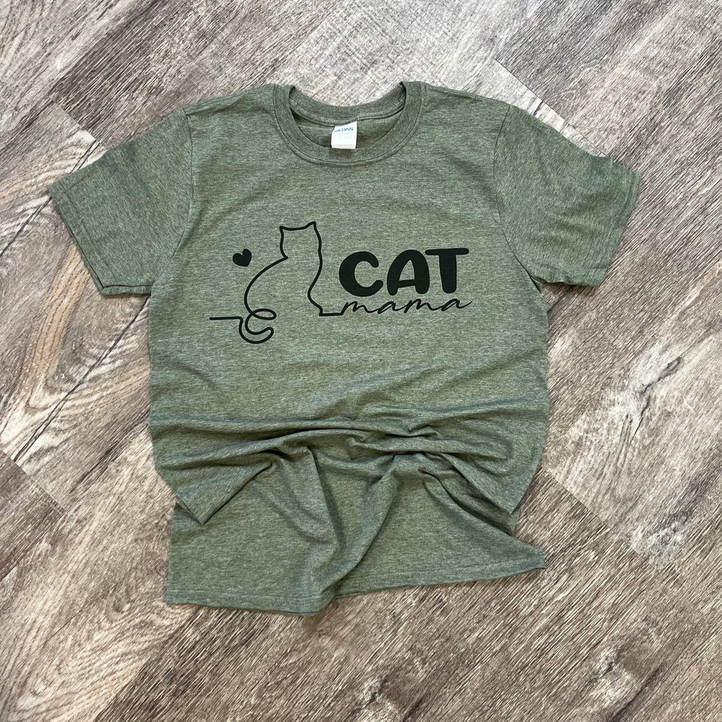 Cat Mama On Heather Military Green Tee