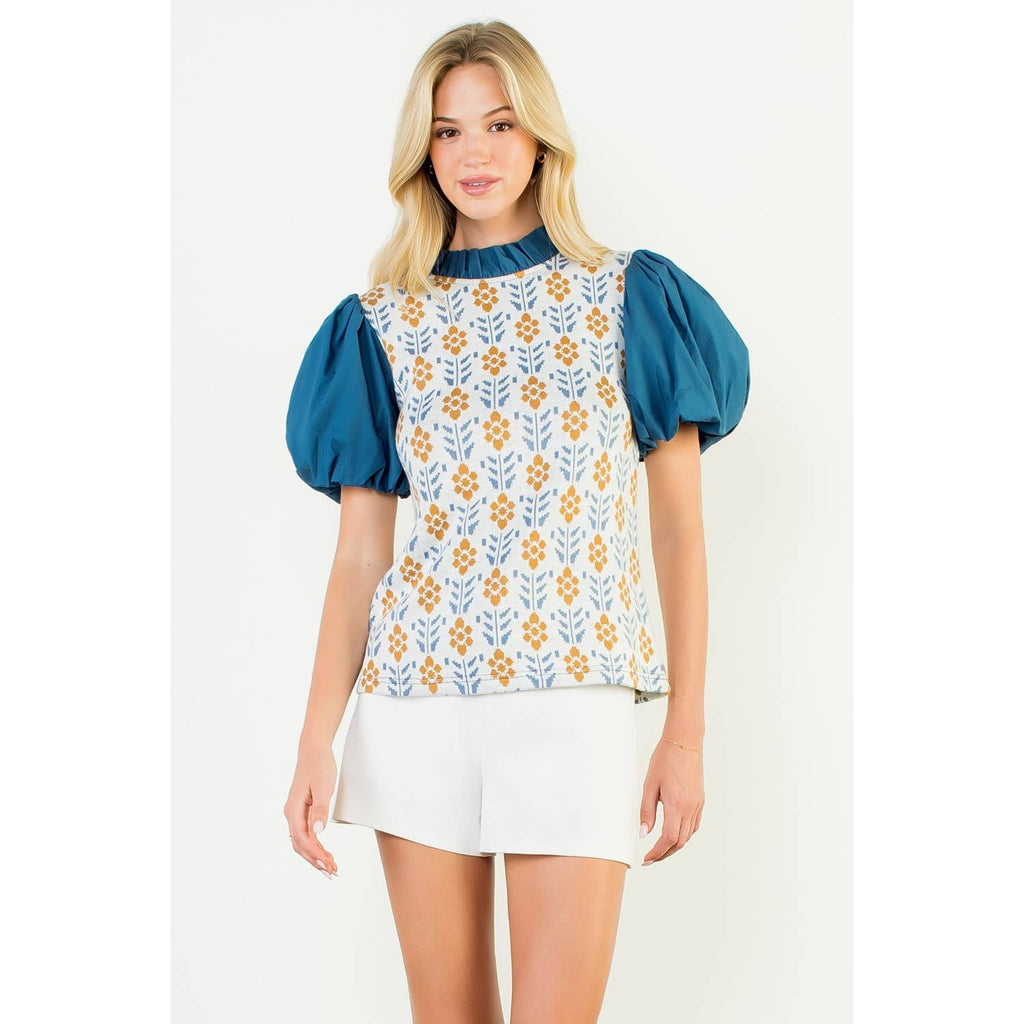 Puff Sleeve Mixed Media Floral Pattern Top