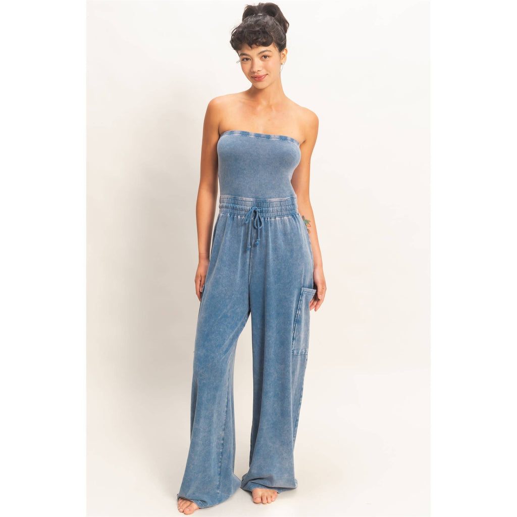 Mineral Wash Strapless Wide-Leg Jumpsuit
