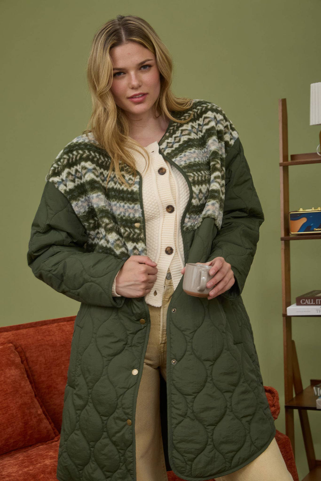 Sherpa Detail Quilted Long Puffer Coat