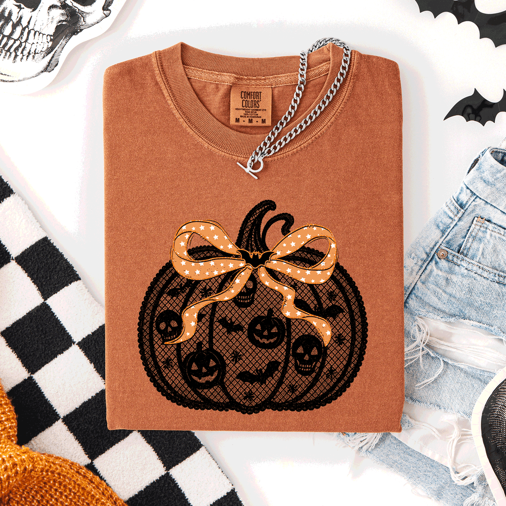 Halloween Pumpkin, Faux Lace, Coquette, Ribbon T-Shirt