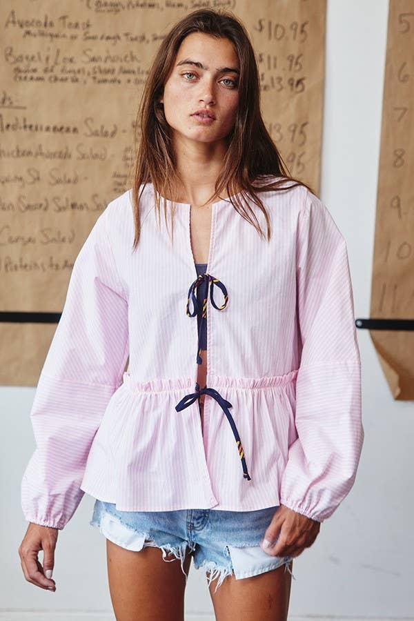 T2393 Front Bow Tie Stripe Print Ruffled Blouse Top