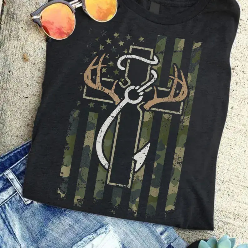 Camo Flag Cross Antlers Outdoors T-Shirt