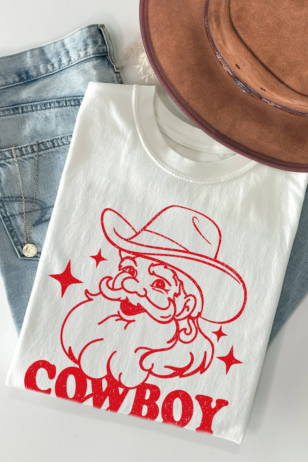 Cowboy Christmas Graphic Print Short Sleeve Top
