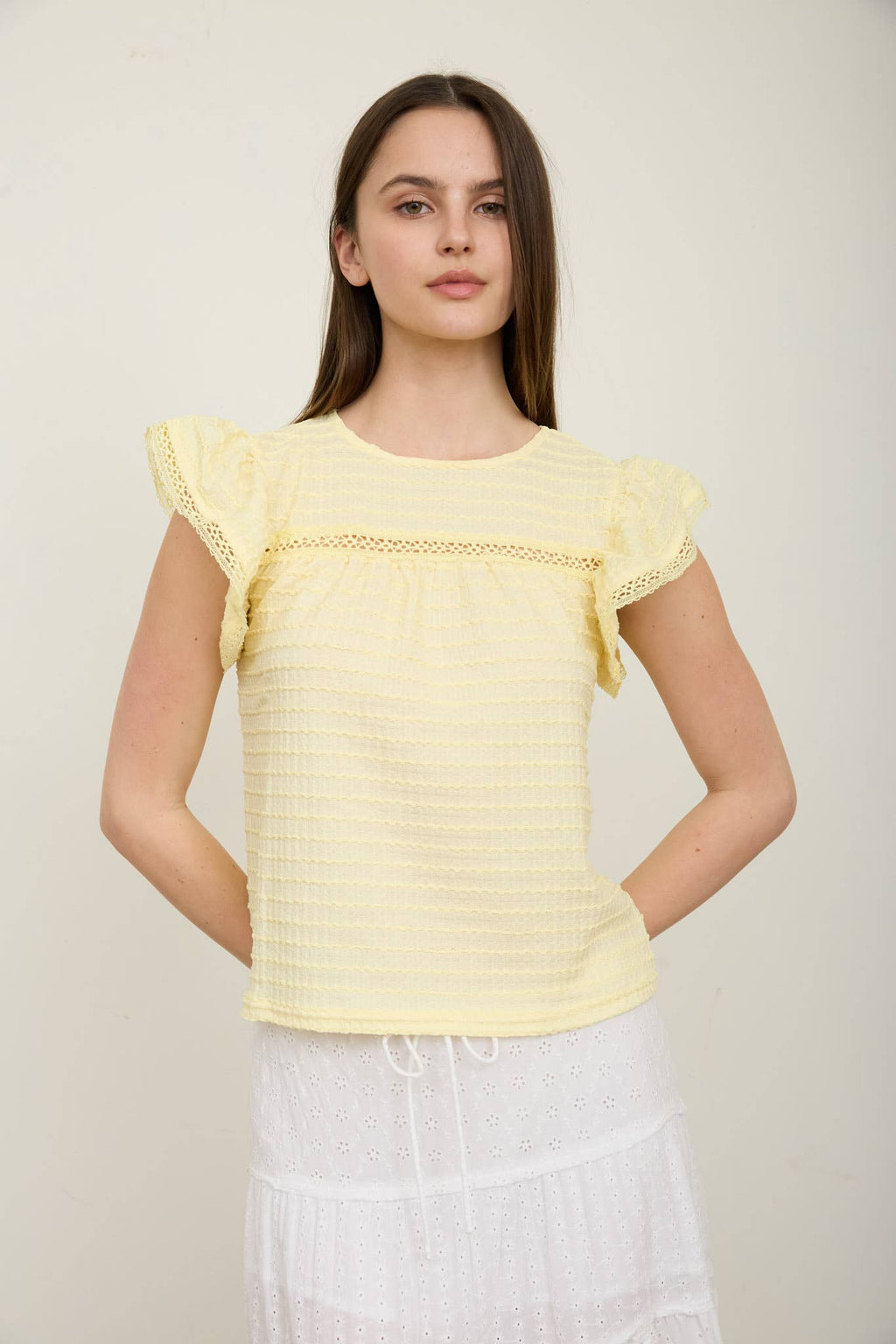 Textured Ruffle Sleeve Line Lace Detail Top