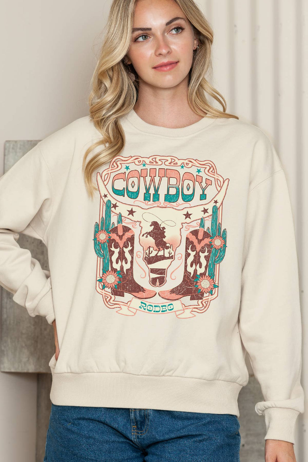 Women Cowboy Rodeo Graphic Print Pullover Sweater Top