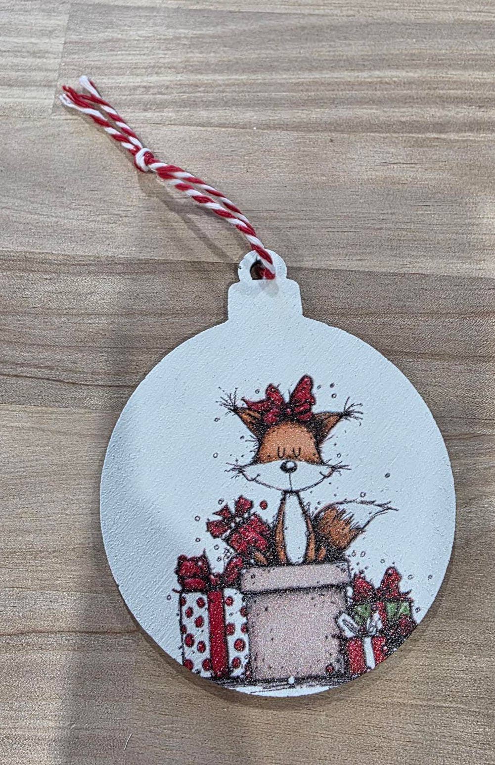 Whimsical Gift Box Fox -  Wood Ornament