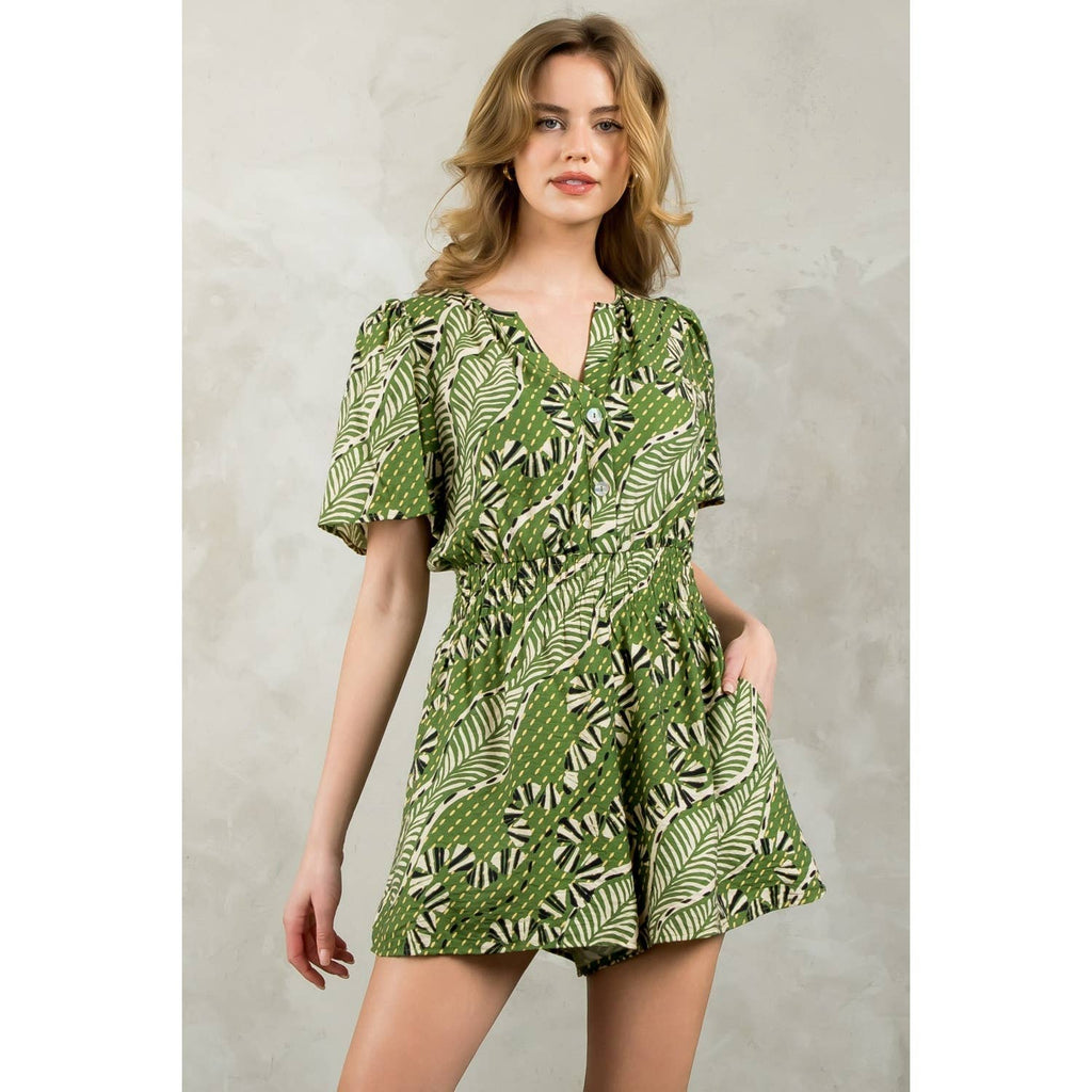 Smocked Waist Leaf Print Romper