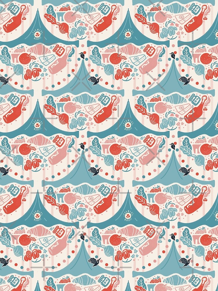 Farmers Food Market Medallion Cream Teal Coral Damask by HillsandSheep
