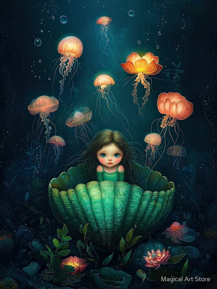 Magical Seashell Girl with Glowing Jellyfish Dreamscape by Magical Art Store
