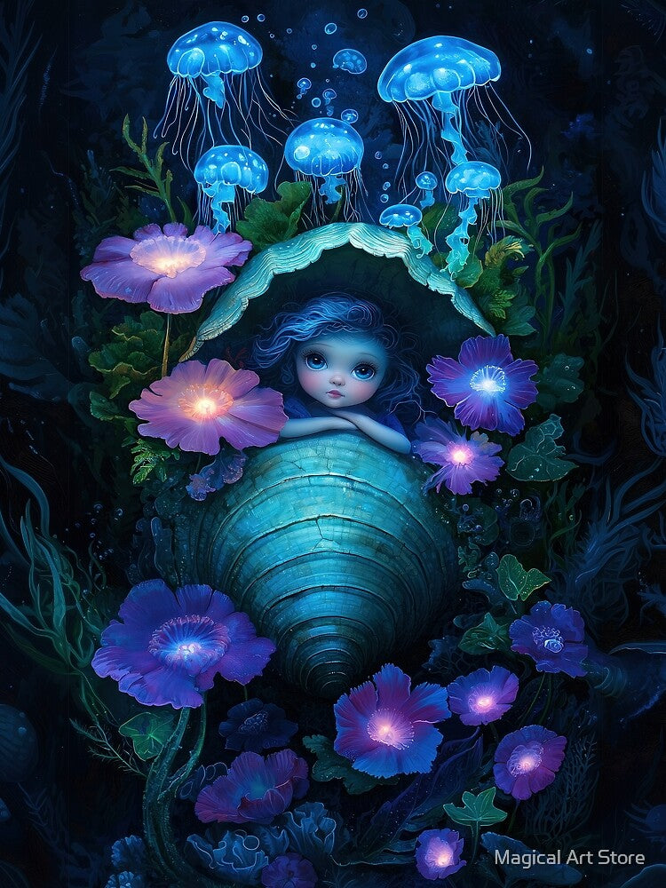Underwater Dream - Girl in Seashell with Jellyfish Glow by Magical Art Store