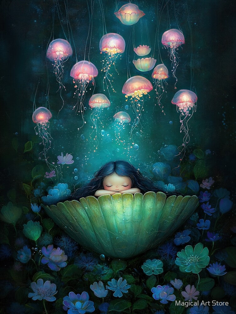 Girl in Shell with Glowing Jellyfish by Magical Art Store