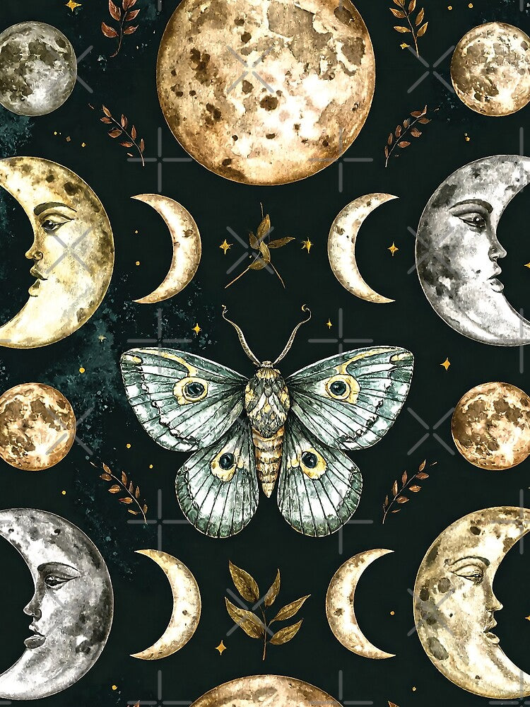 Moth and Moon Phases Pattern – Mystical Celestial Art by WildWood Digital Art