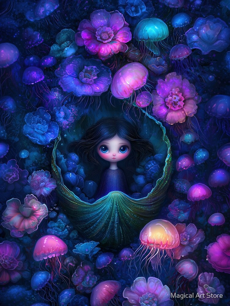 Girl in Seashell with Glowing Jellyfish by Magical Art Store