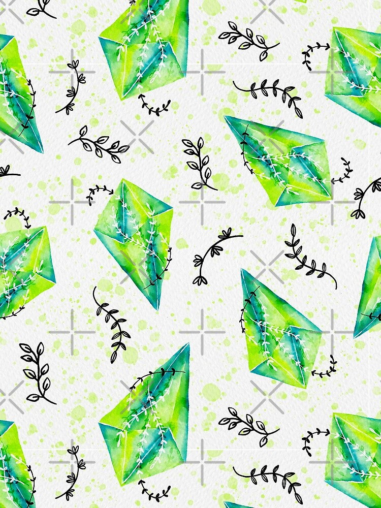 Green Precious Healing Crystals With Botanical Watercolor Pattern by Farissa Designs