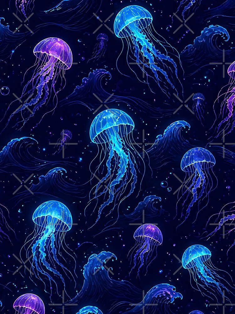 Neon Jellyfish Ocean Pattern Dark Aesthetic Design by AnnSign