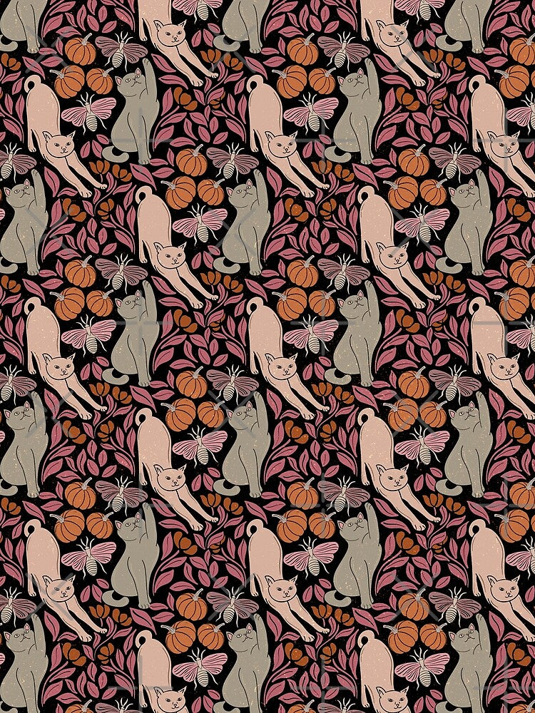 Gothic Halloween Cat Moth Pumpkin Folk Pattern by DColourMuse