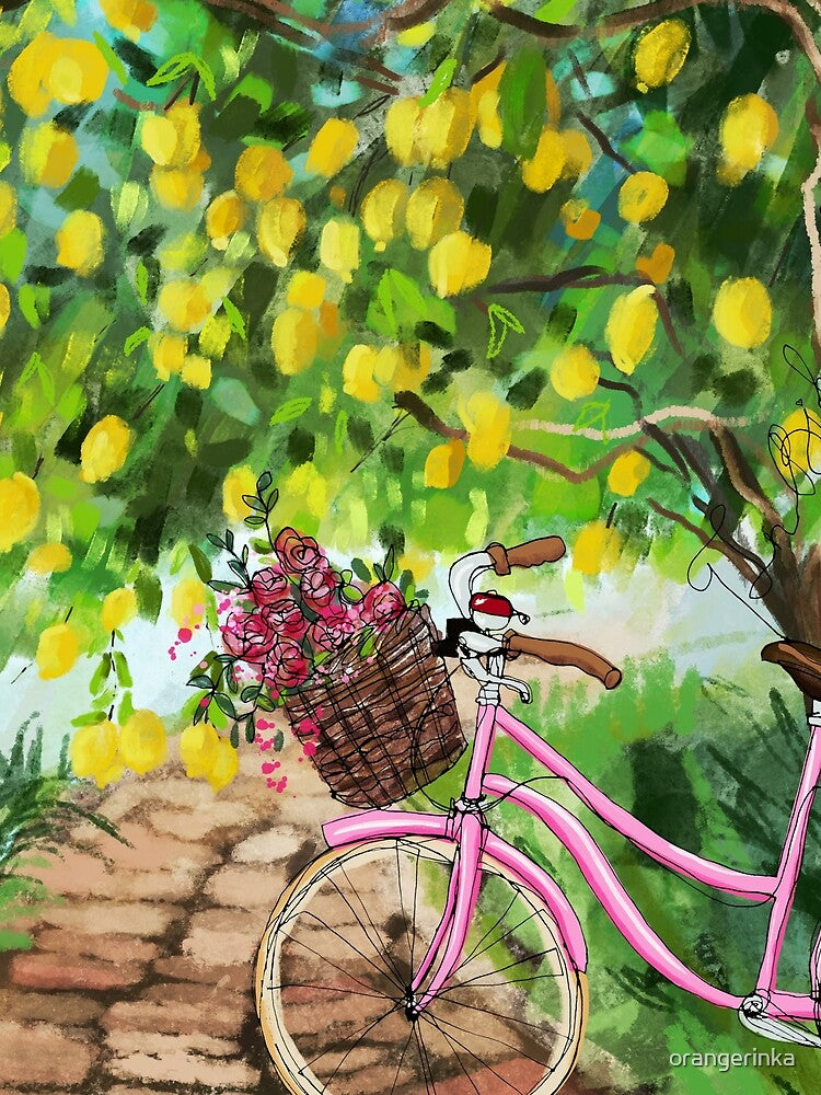 In pink bikes we trust #2 - bicycle in lemon garden line art sketch by orangerinka