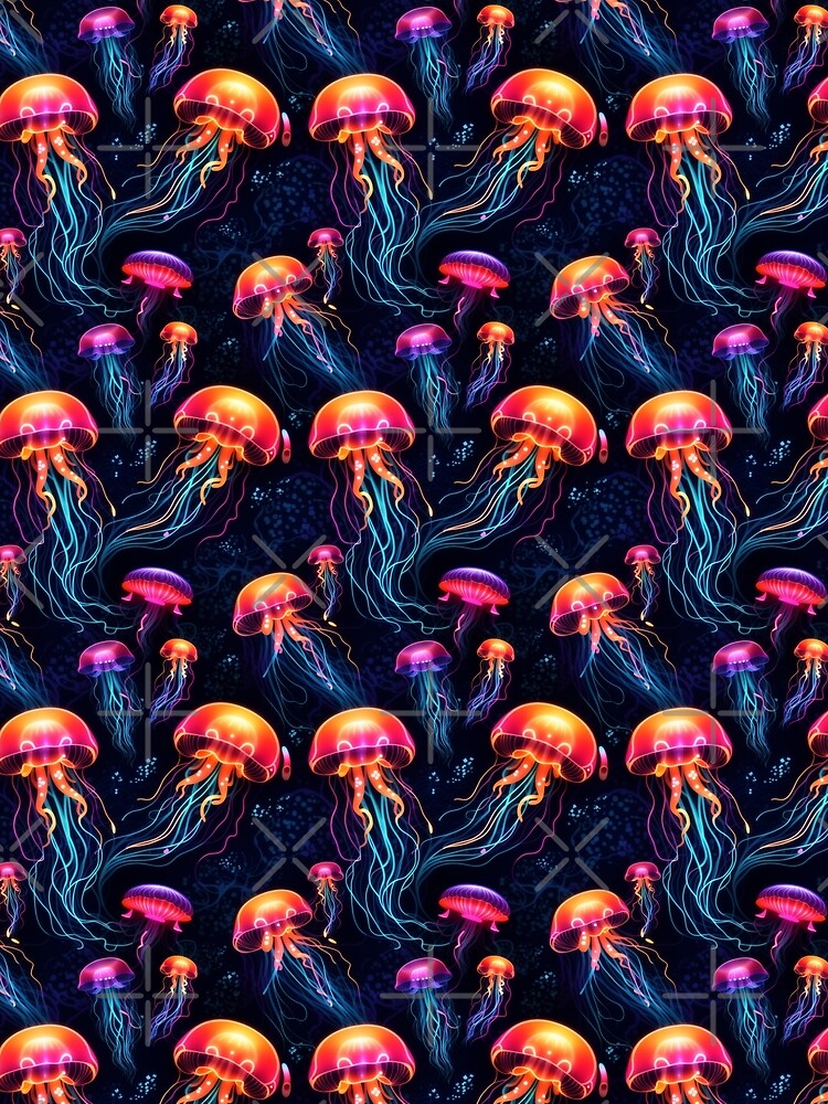 Neon Ocean Glow: Bright Jellyfish on Dark Blue #3 by Electric-Easel