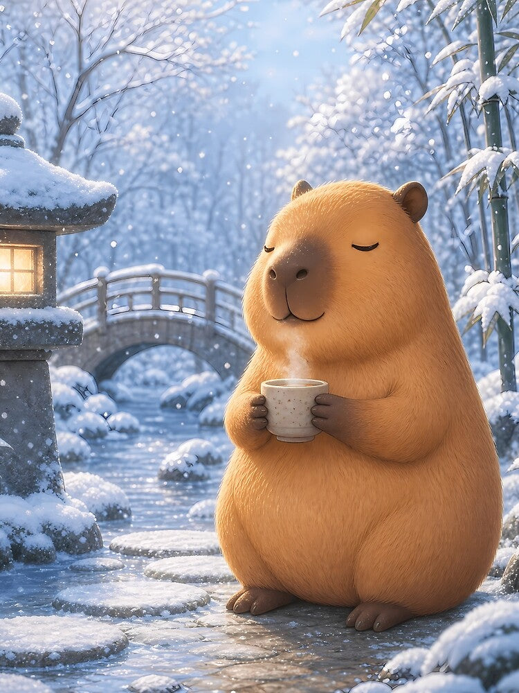 Cozy Capybara Drinking Coffee in Snowy Garden by LuisWorks