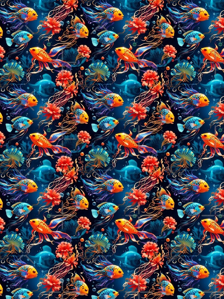 Marine Mosaic: Vibrant Fish and Colorful Jellyfish on Dark Blue #3 by Electric-Easel