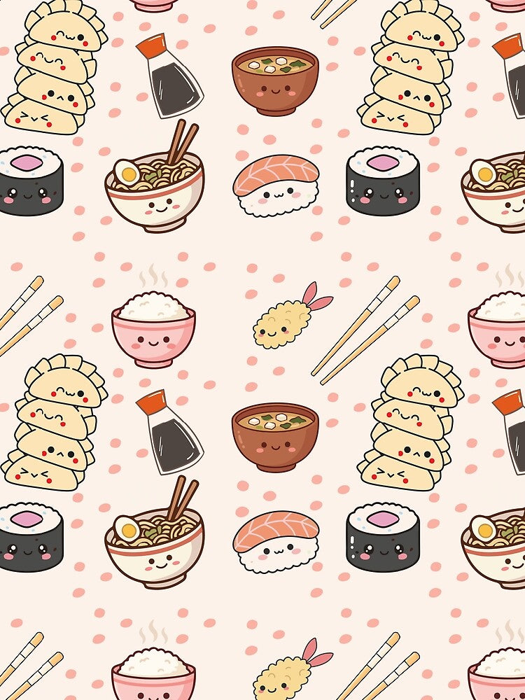 Kawaii Japanese Food Pattern – Adorable Sushi, Ramen & Dumplings Print by Cheonsa