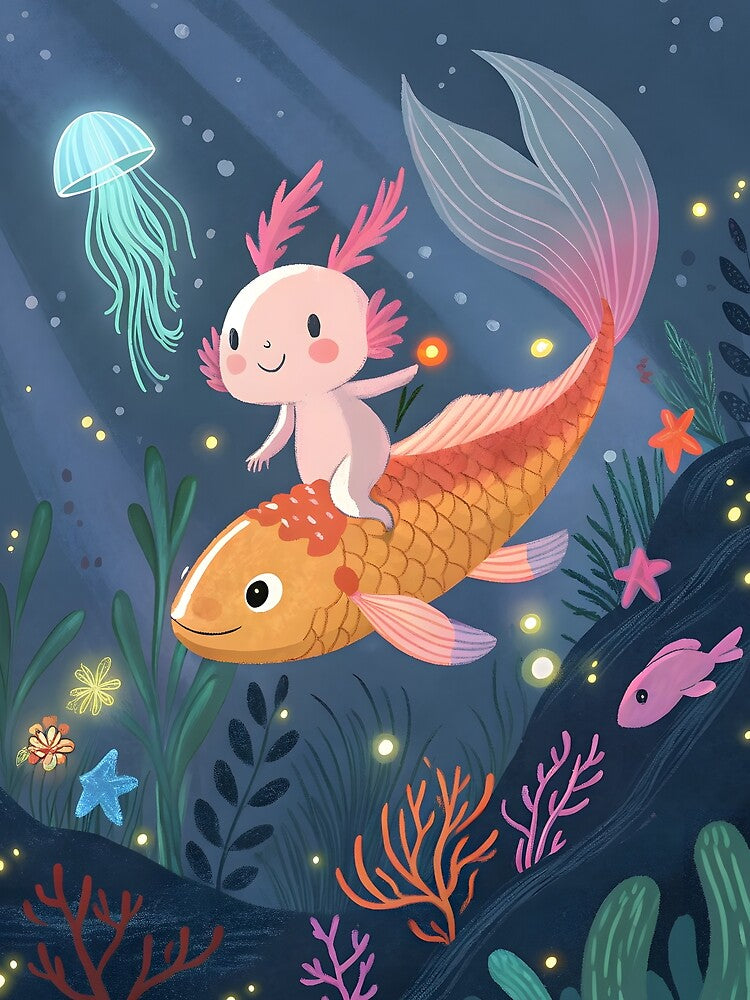 Glowing Axolotl Rides Koi Fish – Cute Underwater Fantasy Illustration by Kayqriel