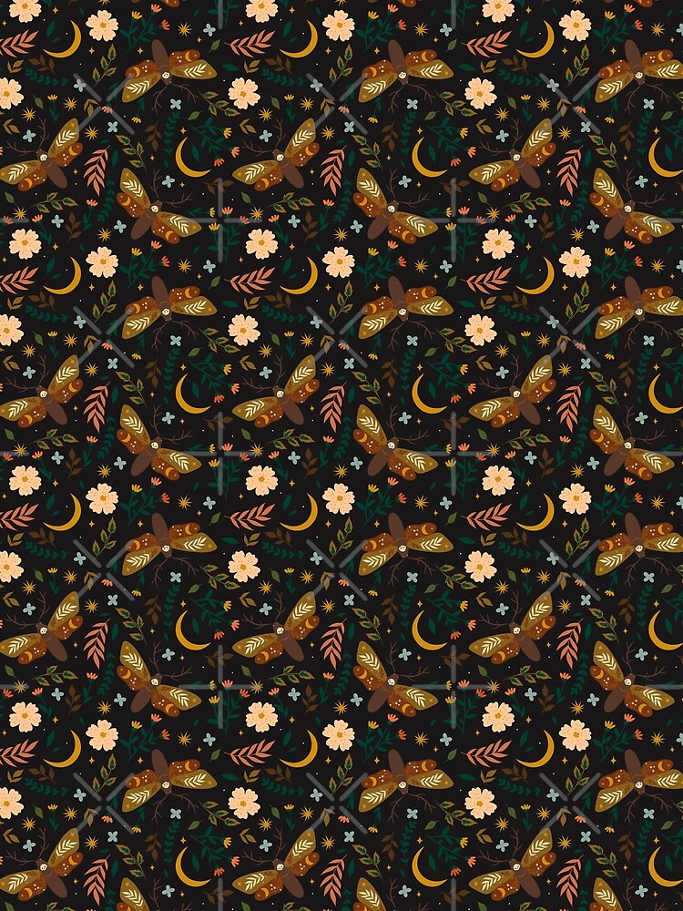 Flowers, Moths and Moons – Celestial Botanical Pattern by BohemiaArt