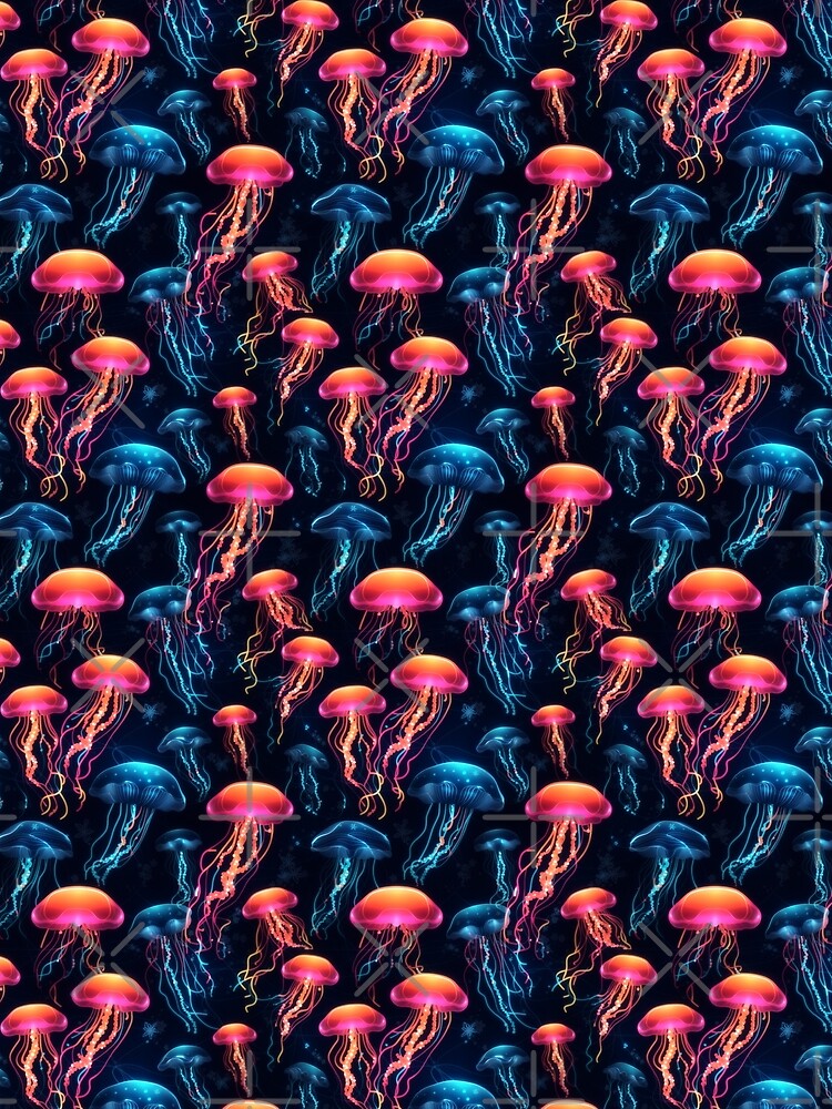 Neon Ocean Glow: Bright Jellyfish on Dark Blue #1 by Electric-Easel