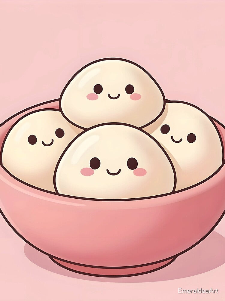 Cute Kawaii Dumplings in Bowl – Pastel Pink Squishy Food Friends by EmeraldeaArt