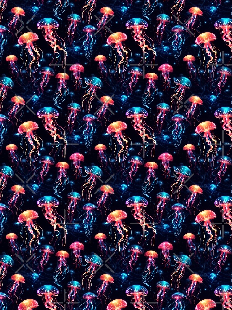 Neon Ocean Glow: Bright Jellyfish on Dark Blue #2 by Electric-Easel