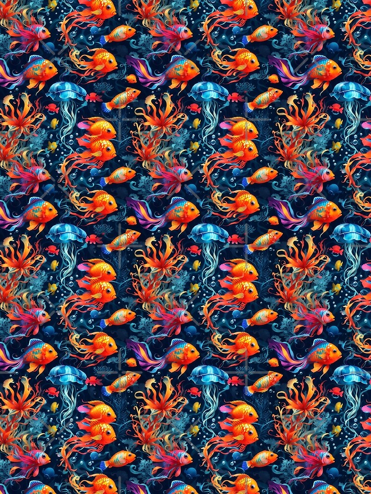Marine Mosaic: Vibrant Fish and Colorful Jellyfish on Dark Blue #2 by Electric-Easel